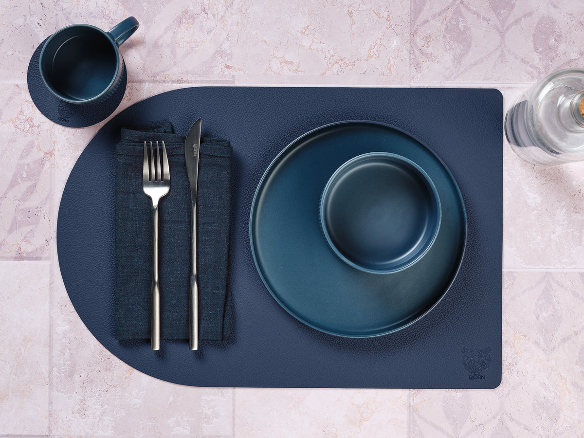 Sous-verre rond réversible - 6 pièces - Cuir recyclé bleu nuit et gris anthracite